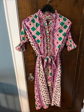 Patterned Midi Shirt Dress in Pink and Green